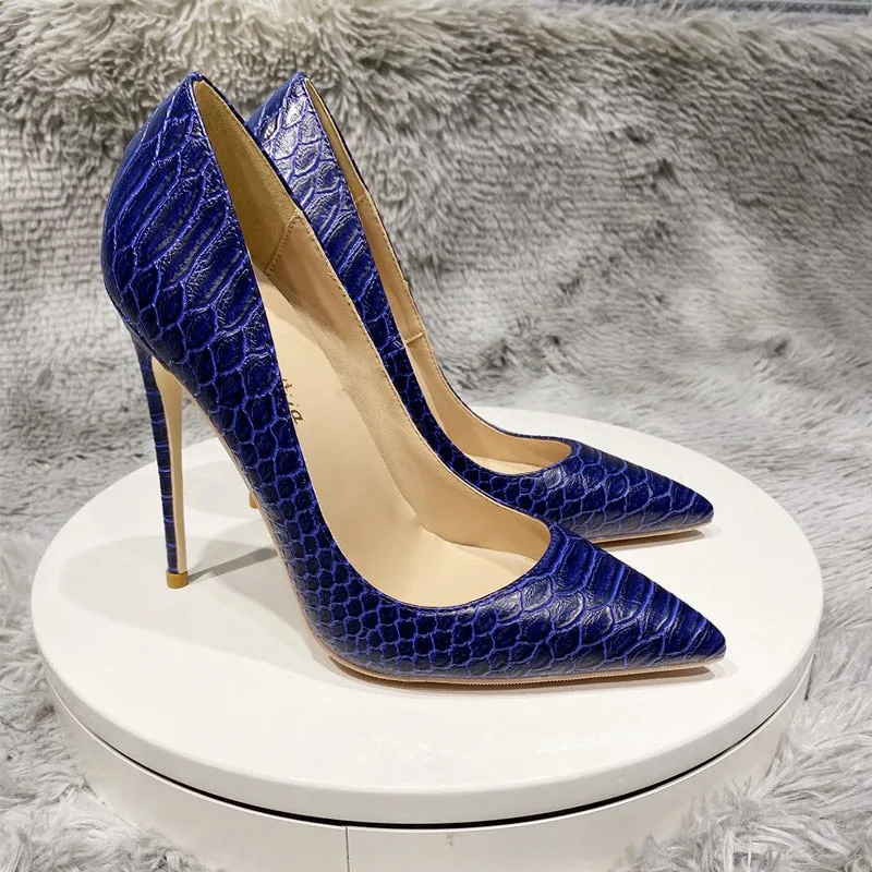 Pre Order:  Navy Crocodile Pattern Pointed-Toe Pumps Shoes