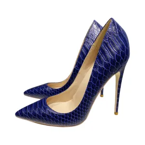 Pre Order:  Navy Crocodile Pattern Pointed-Toe Pumps Shoes