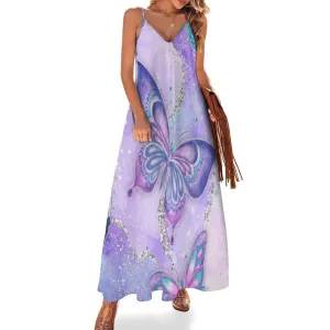 Purple Butterflies Spaghetti Strap Ankle-Length Dress Long dress