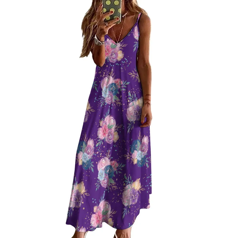 Purple Floral Spaghetti Strap Ankle-Length Dress Long dress