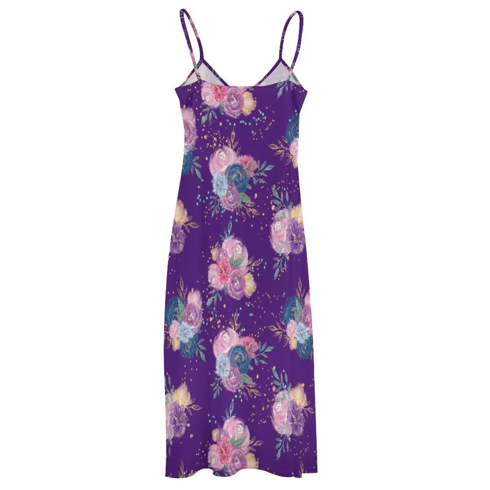 Purple Floral Spaghetti Strap Ankle-Length Dress Long dress