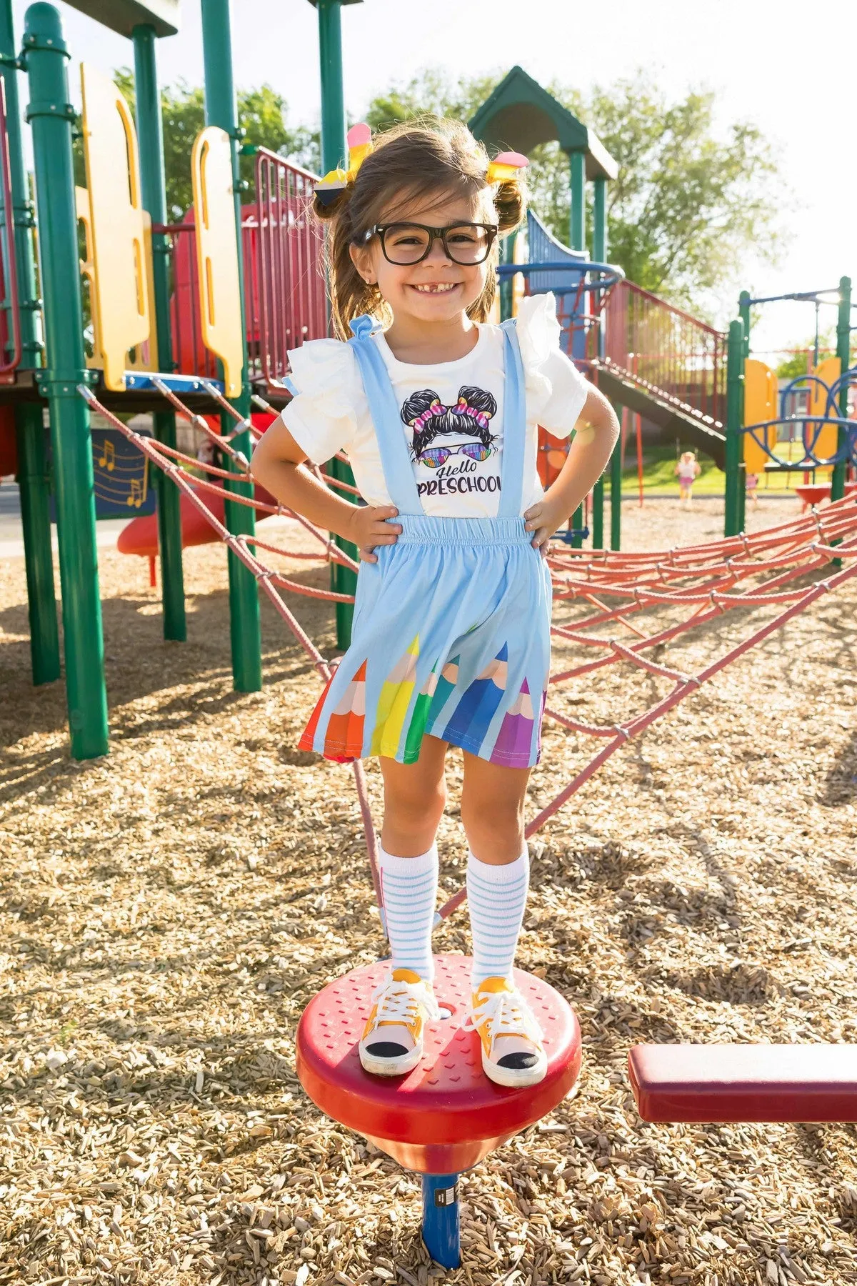 "Hello Preschool - 4th Grade" Rainbow Pencil Suspender Skirt Set