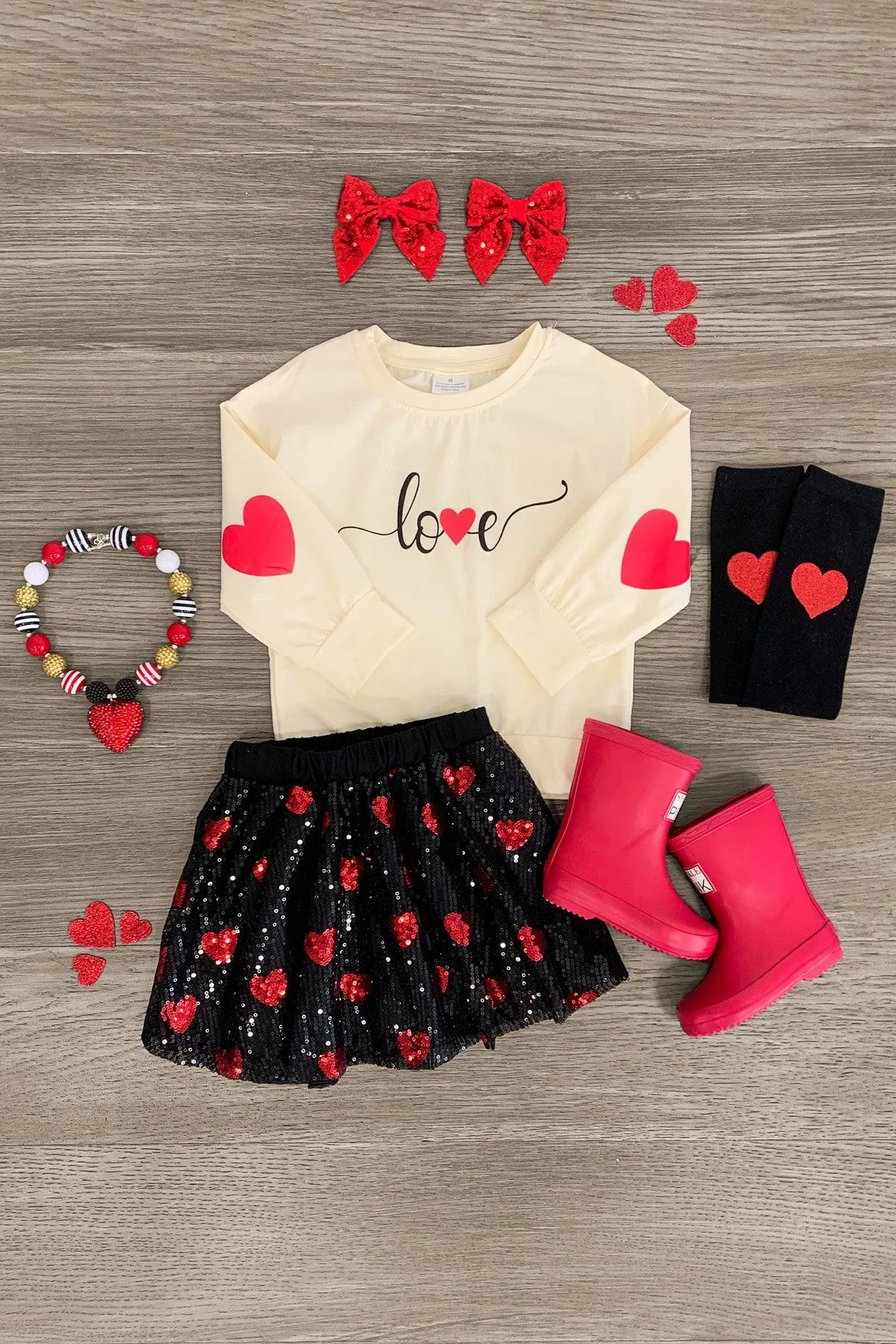 "Love" Hearts & Sequins Skirt Set