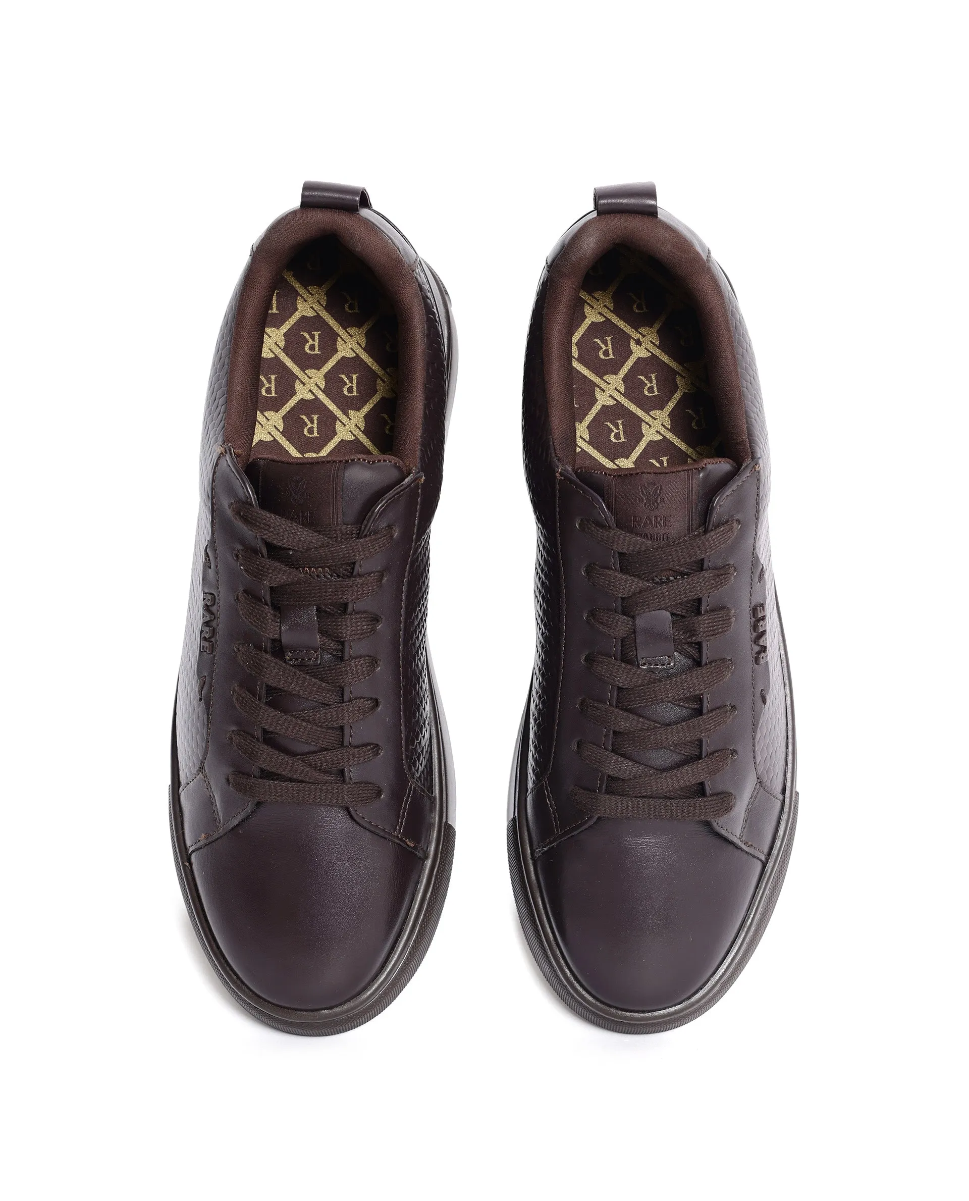 Rare Rabbit Mens Rapso Brown Round Toe Low-Top Embossed Lace-Up Sneaker Shoes