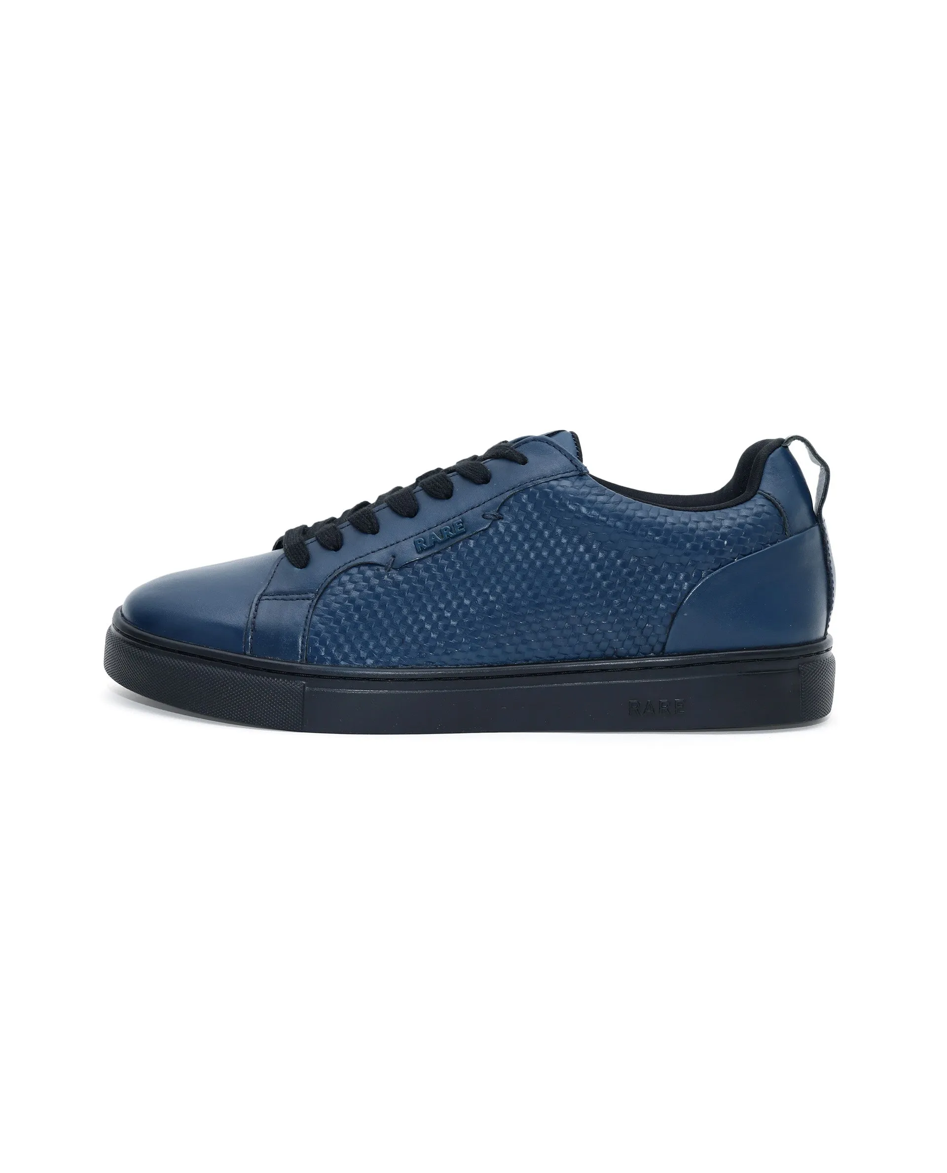 Rare Rabbit Mens Rapso Dark Navy Round Toe Low-Top Embossed Lace-Up Sneaker Shoes