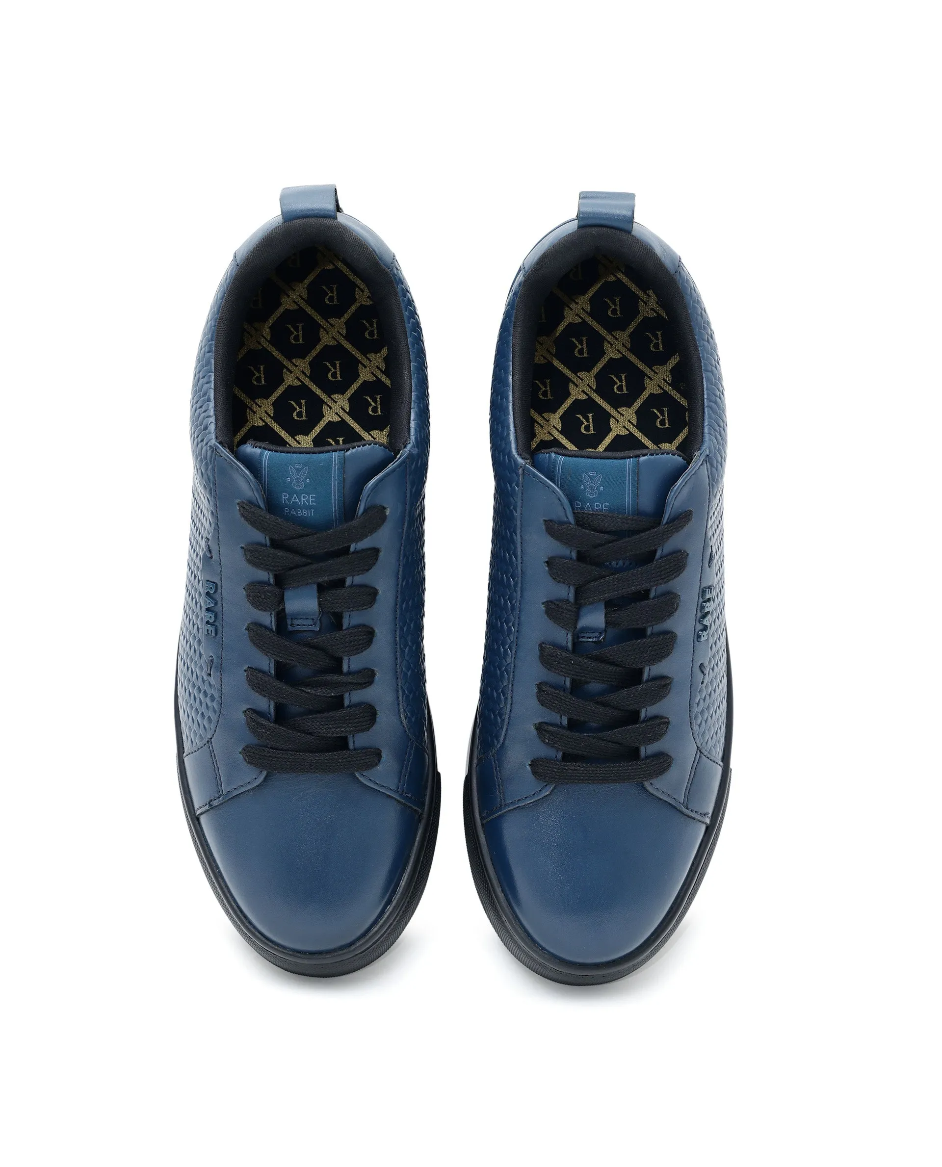 Rare Rabbit Mens Rapso Dark Navy Round Toe Low-Top Embossed Lace-Up Sneaker Shoes