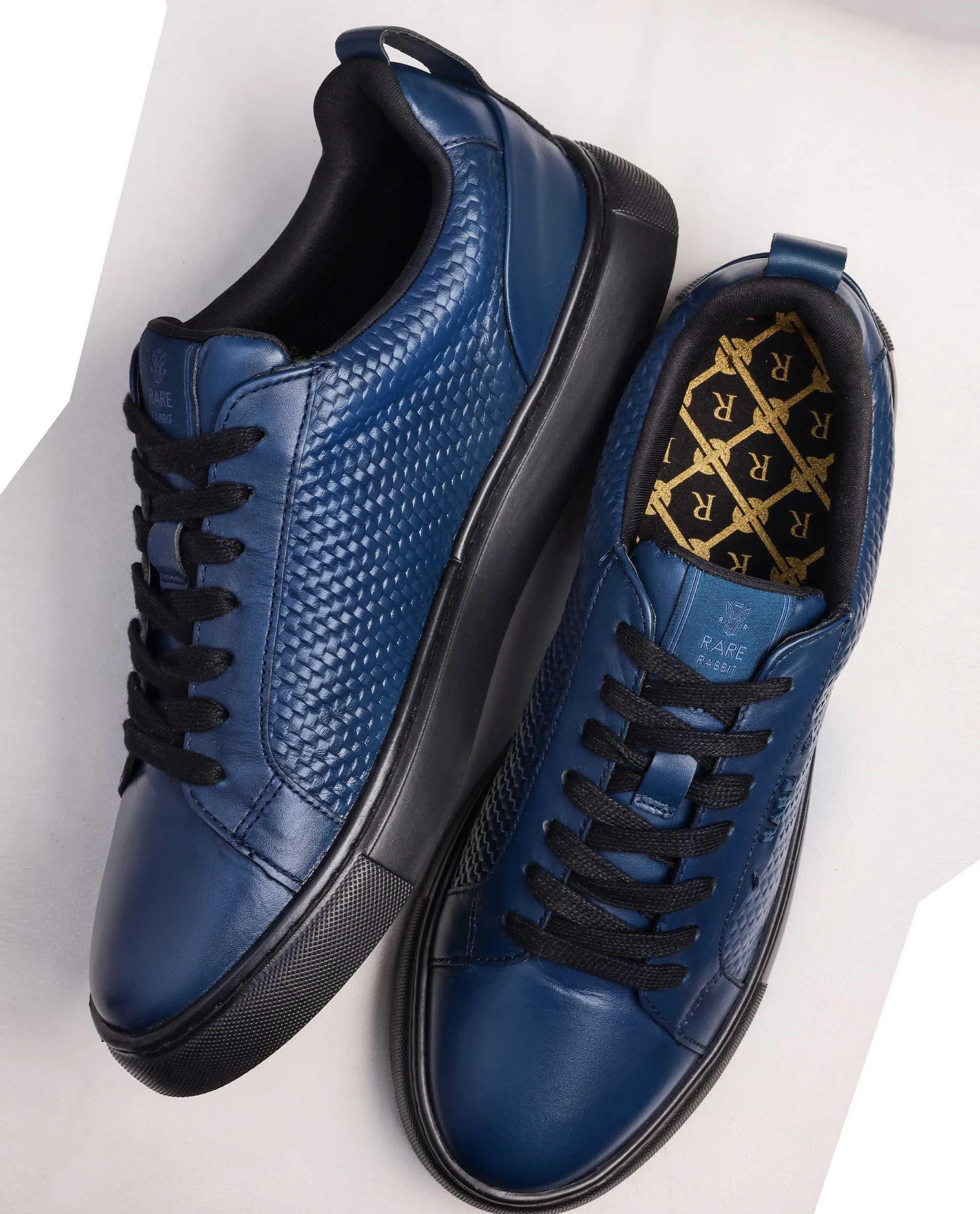 Rare Rabbit Mens Rapso Dark Navy Round Toe Low-Top Embossed Lace-Up Sneaker Shoes