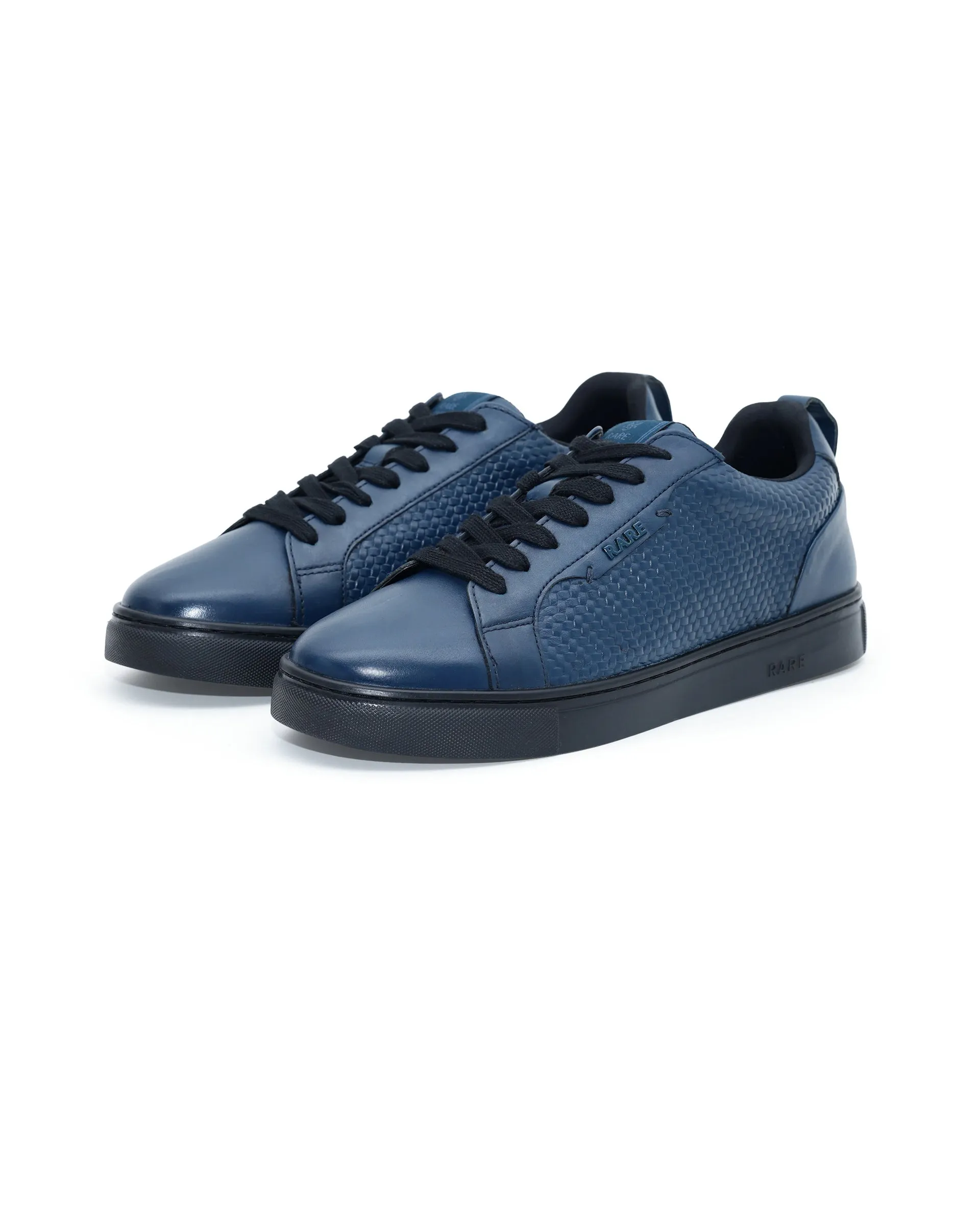 Rare Rabbit Mens Rapso Dark Navy Round Toe Low-Top Embossed Lace-Up Sneaker Shoes