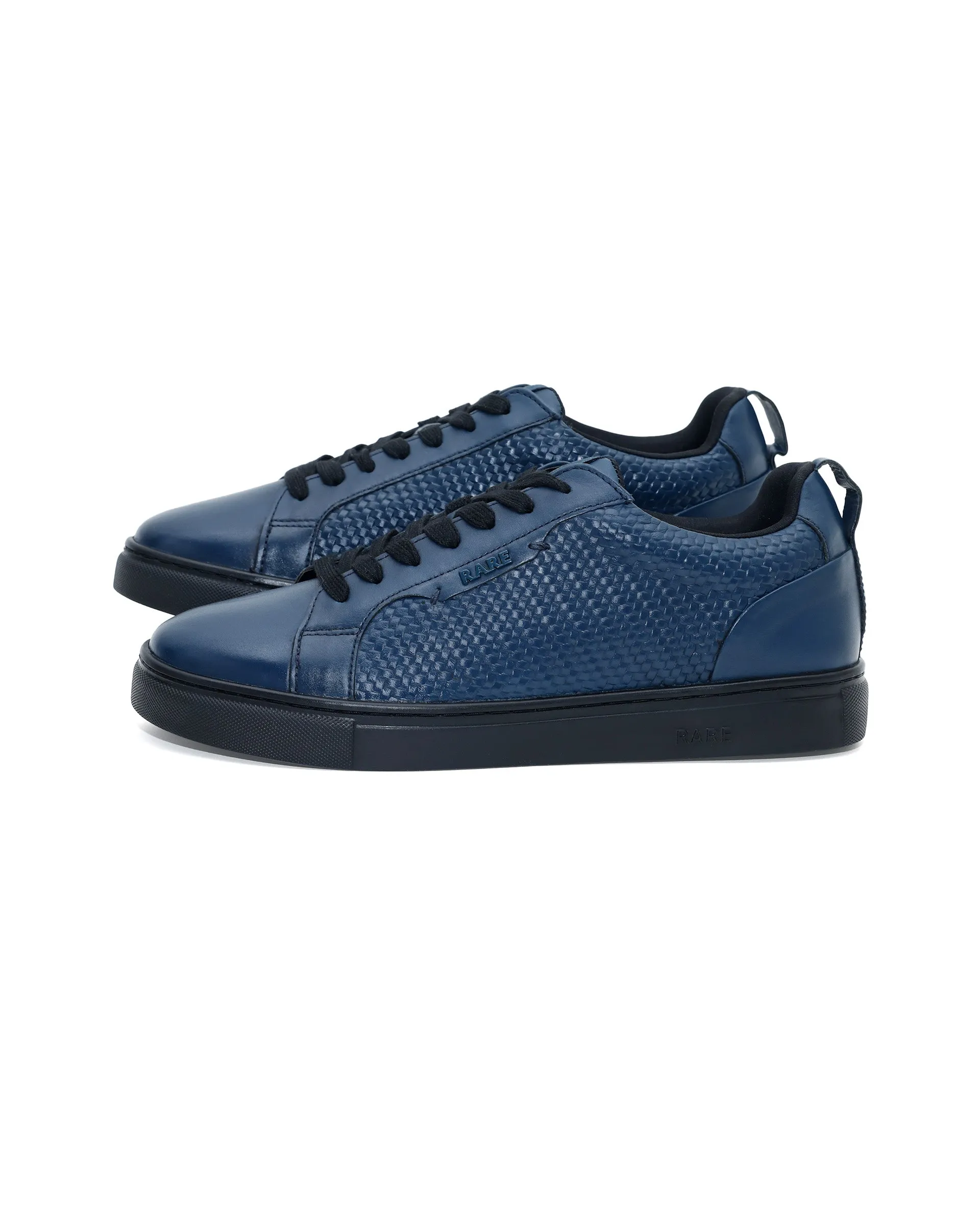 Rare Rabbit Mens Rapso Dark Navy Round Toe Low-Top Embossed Lace-Up Sneaker Shoes