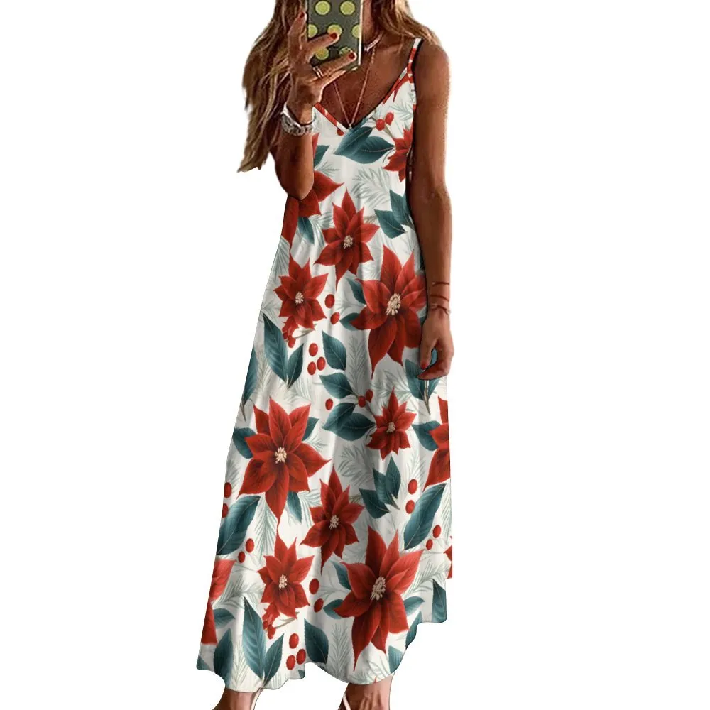 Red Poinsettia Spaghetti Strap Ankle-Length Dress Long dress