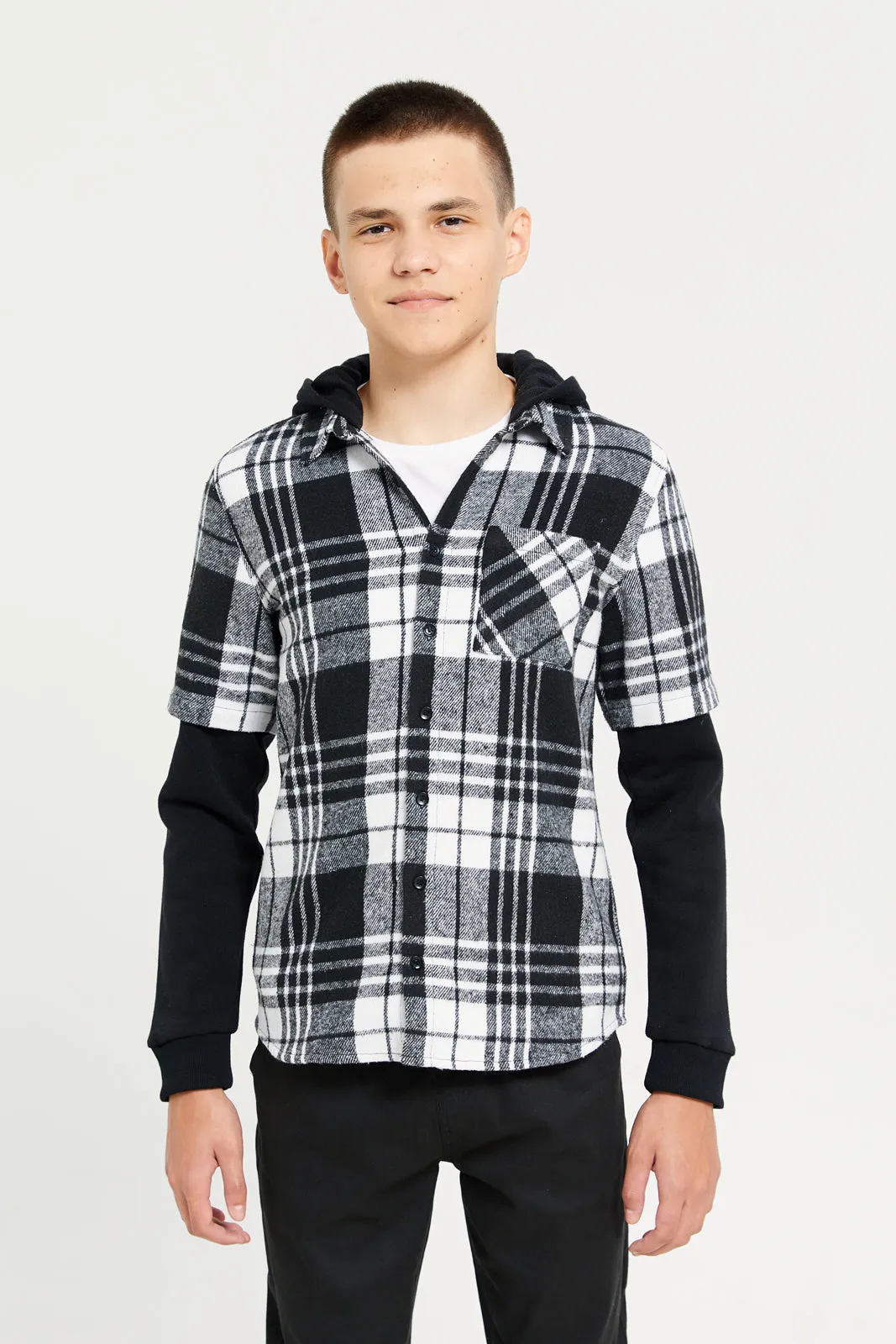 Senior Boys Black Checkered Hooded Shirt