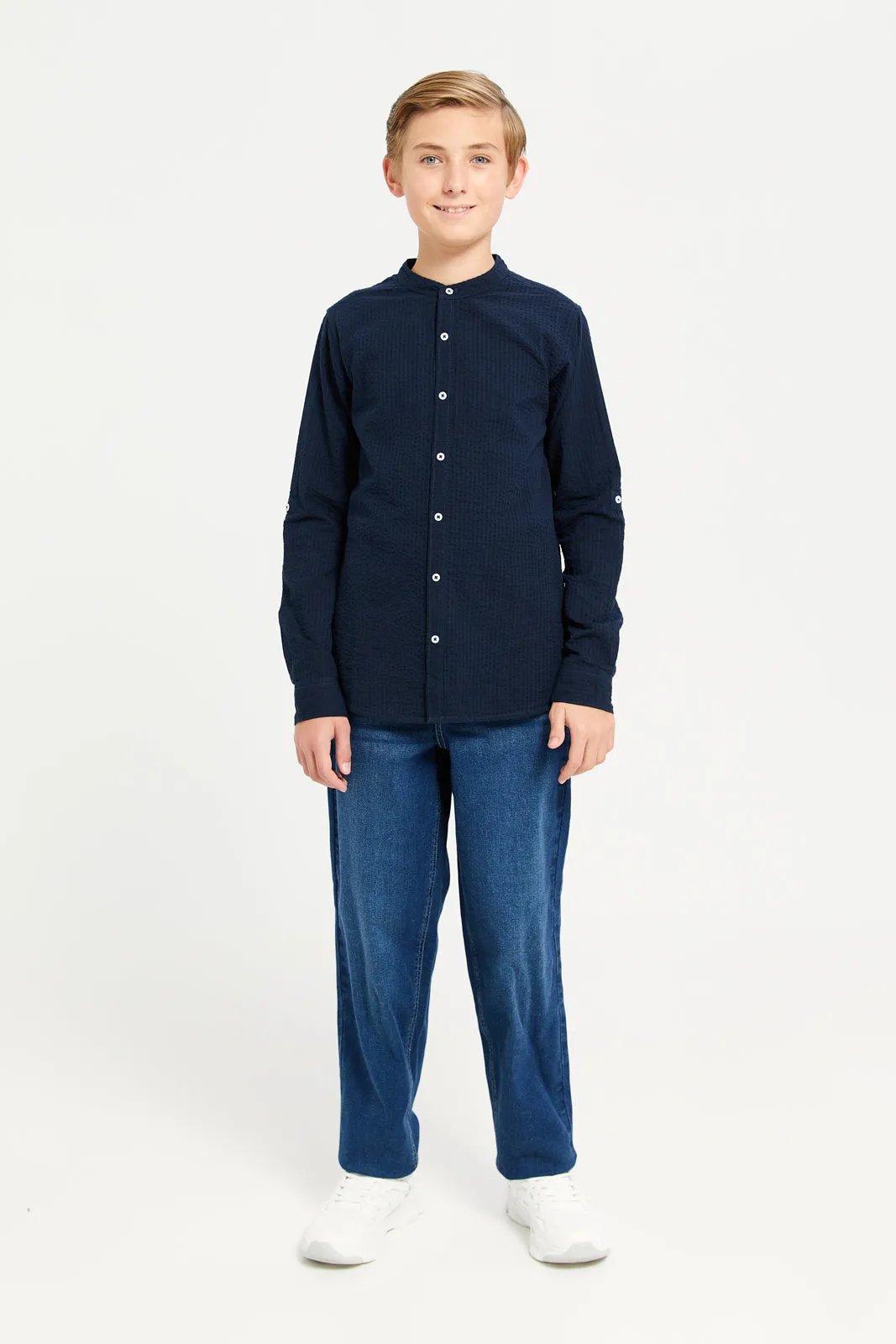 Senior Boys Navy Plain Mandarin Collar Seersucker Shirt