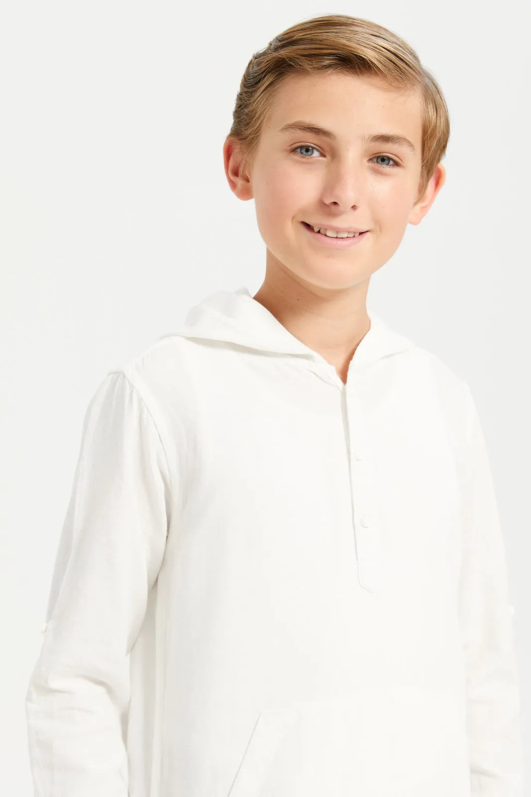 Senior Boys White Stripe Kangaroo Pocket Hooded Shirt