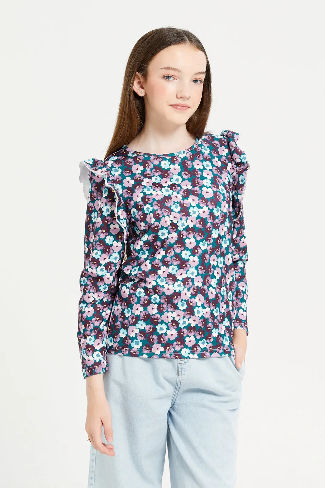 Senior Girls Assorted Berry Floral Ruffled Sleeve Top