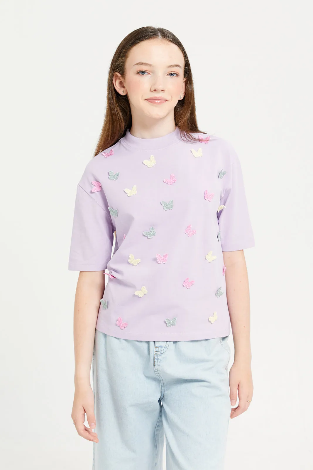 Senior Girls Purple Embellished With 3D Butterfly T-Shirt