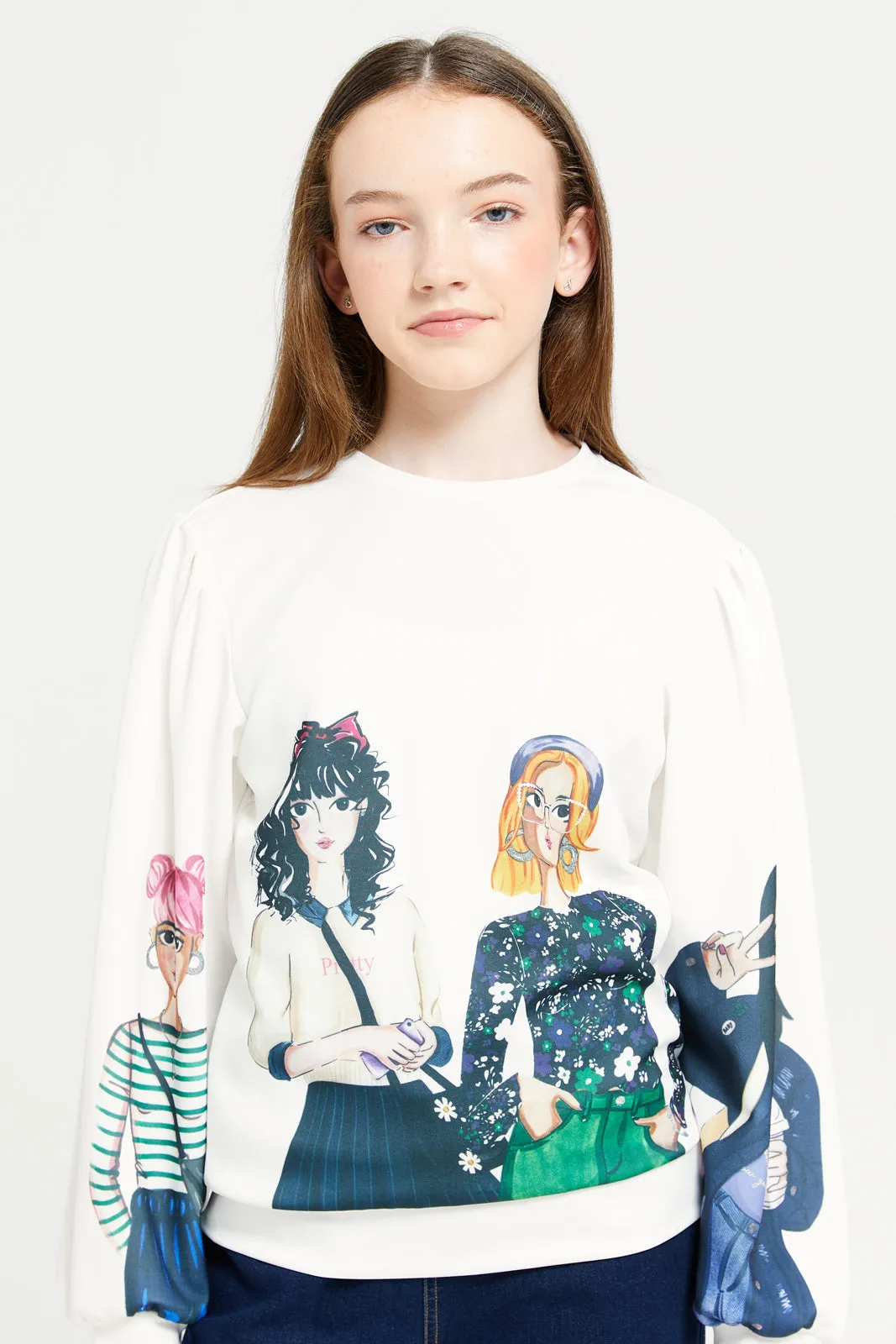 Senior Girls White Girly Print Balloon Sleeve Sweatshirt