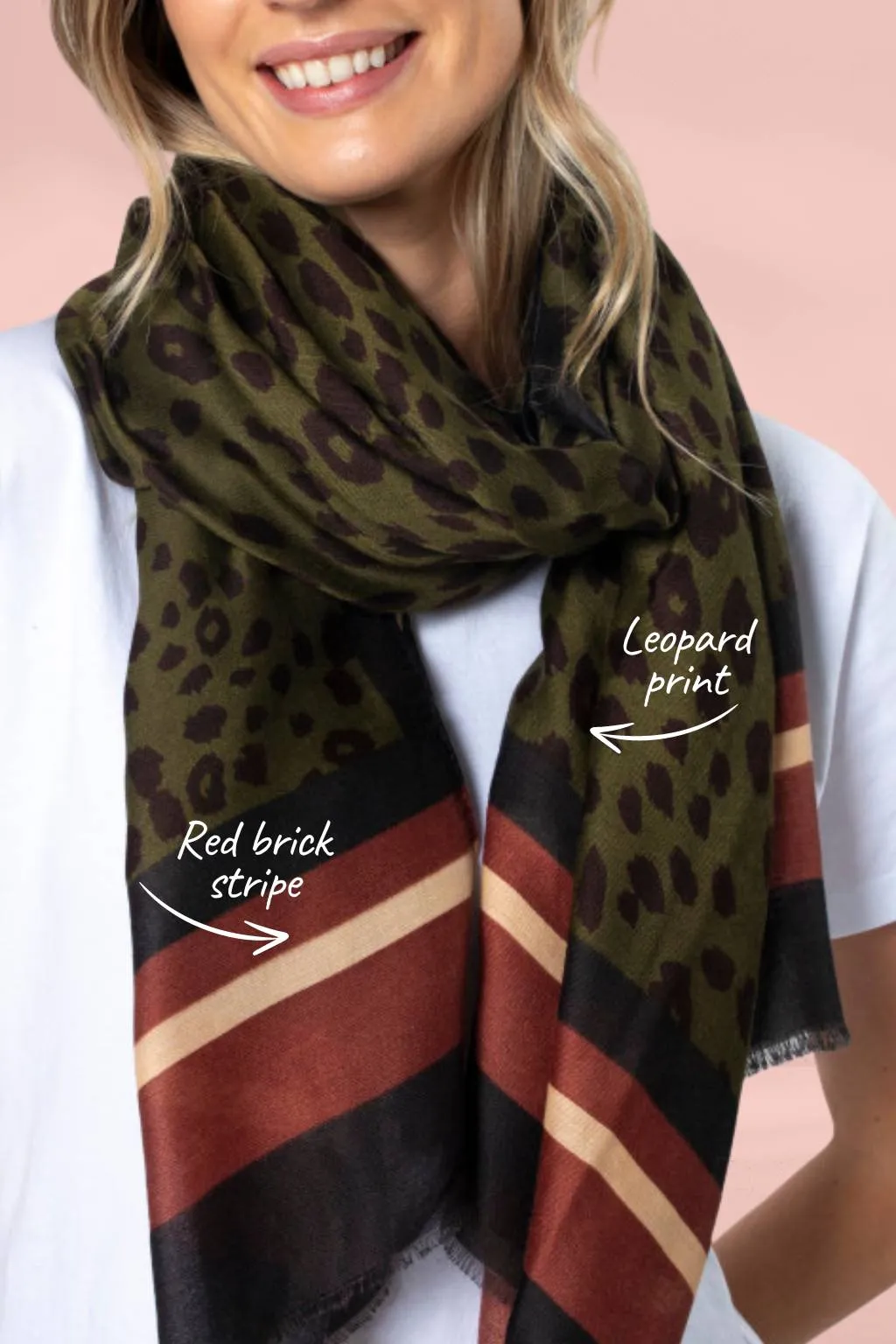 Stella and Gemma Red Brick Stripe Scarf Leopard Khaki