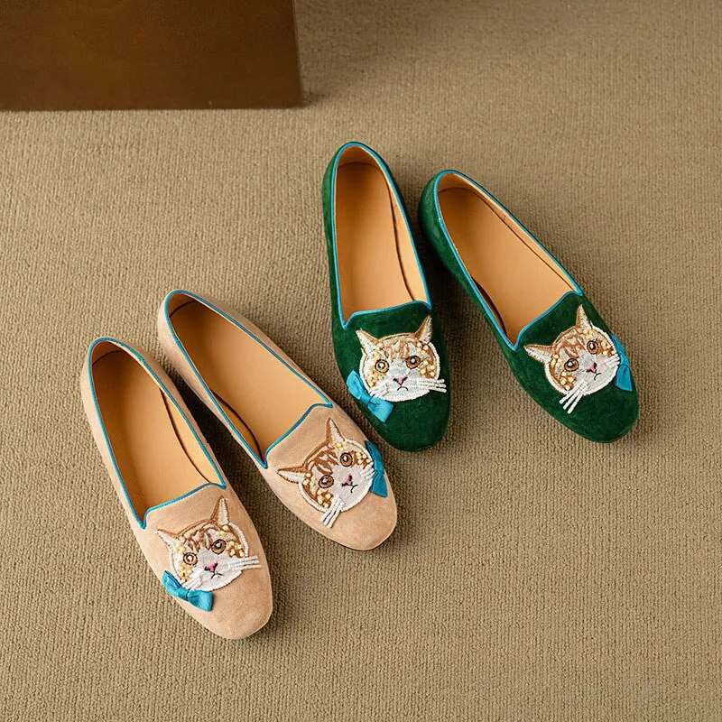 Suede Sheepskin Loafers for Women Embroidery Cat in Green/Apricot