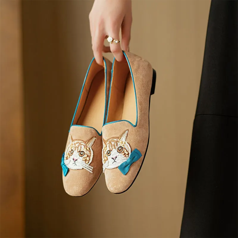 Suede Sheepskin Loafers for Women Embroidery Cat in Green/Apricot