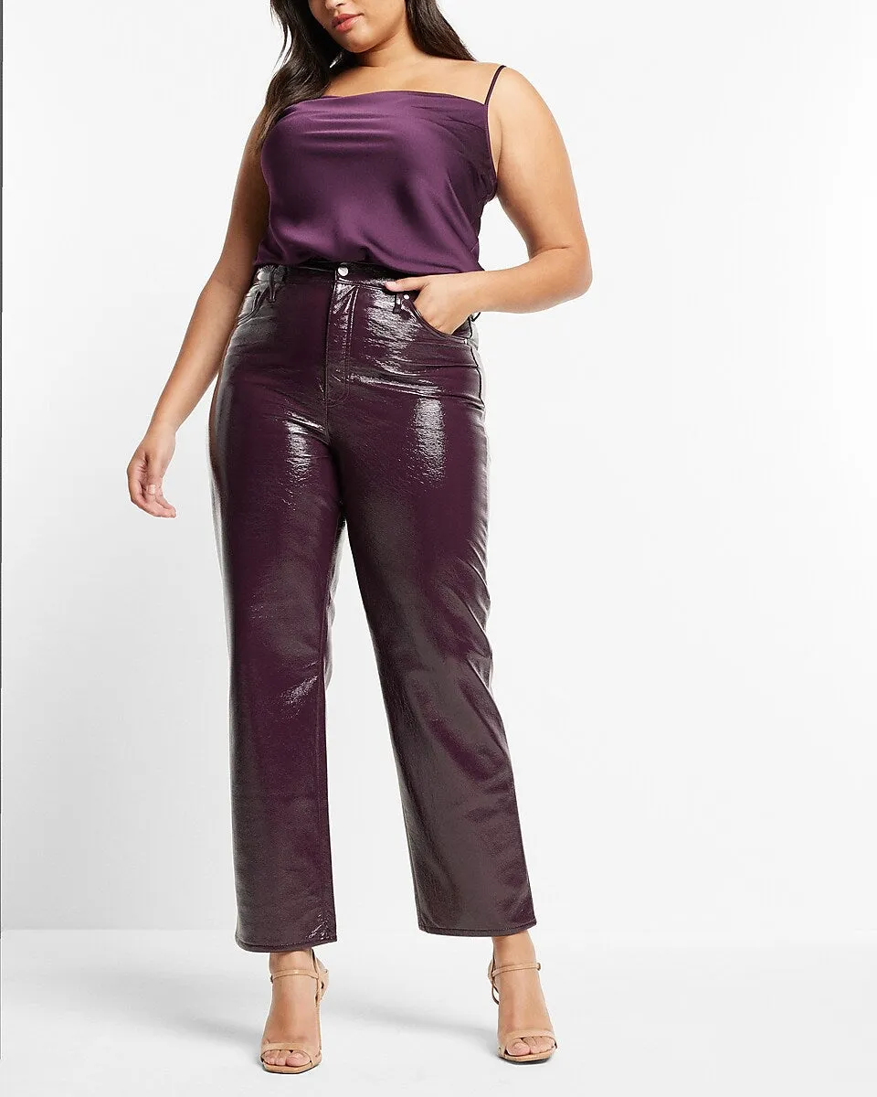 Super High Waisted Faux Patent Leather Modern Straight Pant in Dark Purple