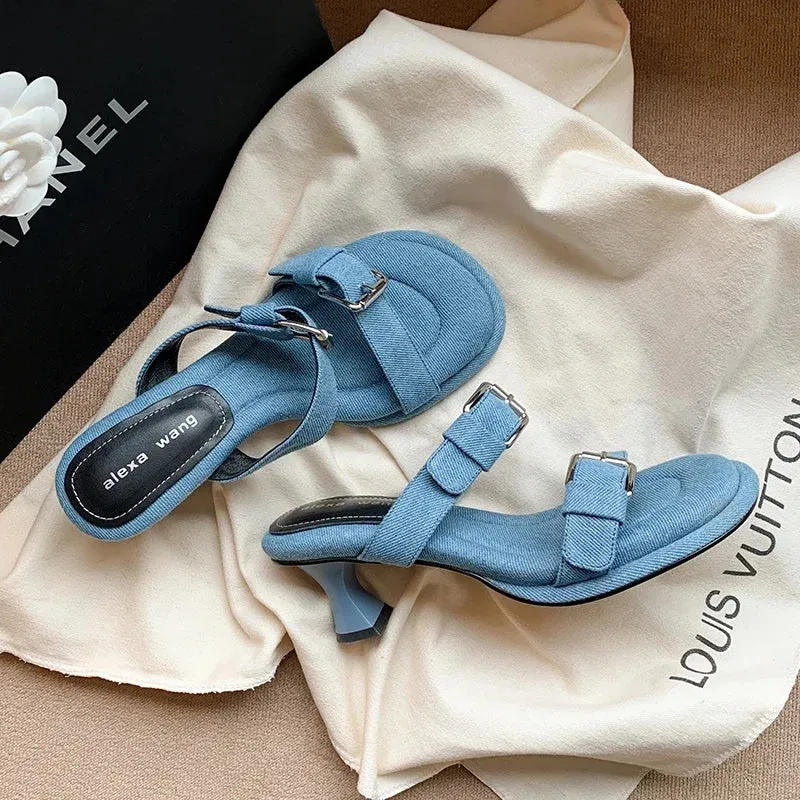 TAVIMART  -  New Blue Denim Jeans Slippers Women Outdoor Mules Mid Heels Fashion Metal Buckle Designer Sandals Square Toe Ladies Slides