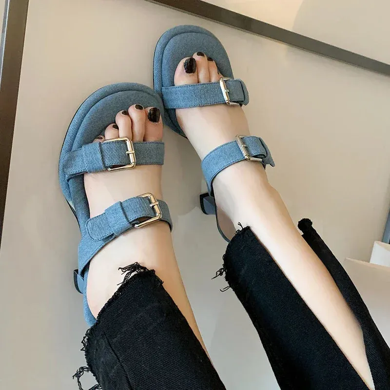 TAVIMART  -  New Blue Denim Jeans Slippers Women Outdoor Mules Mid Heels Fashion Metal Buckle Designer Sandals Square Toe Ladies Slides