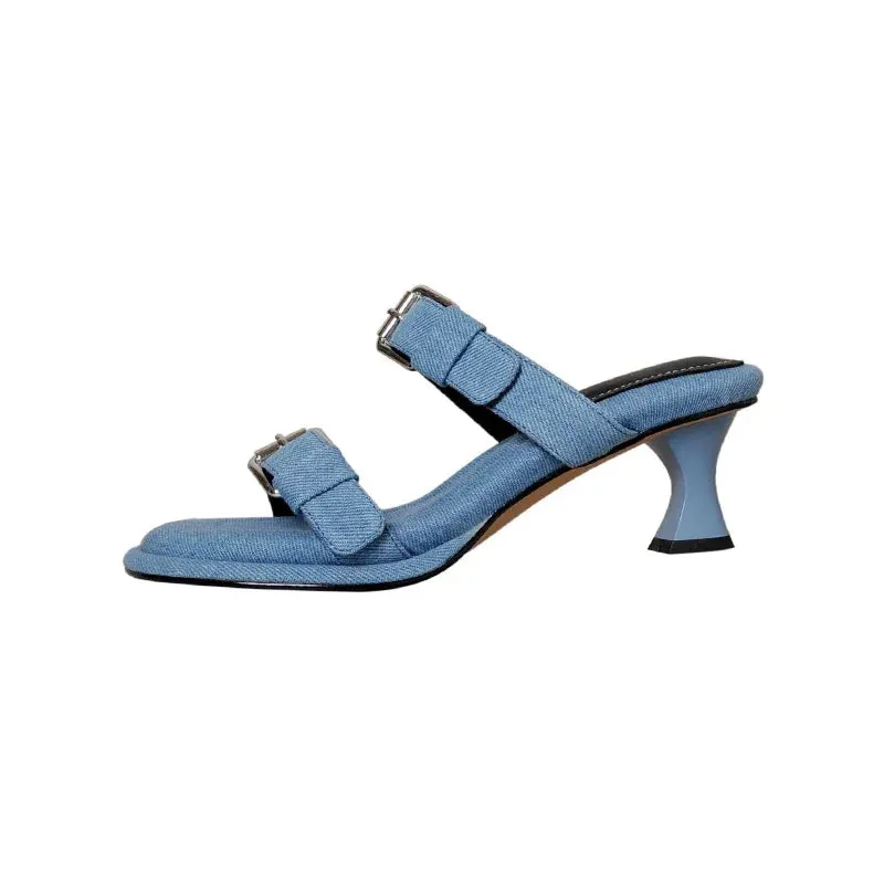 TAVIMART  -  New Blue Denim Jeans Slippers Women Outdoor Mules Mid Heels Fashion Metal Buckle Designer Sandals Square Toe Ladies Slides