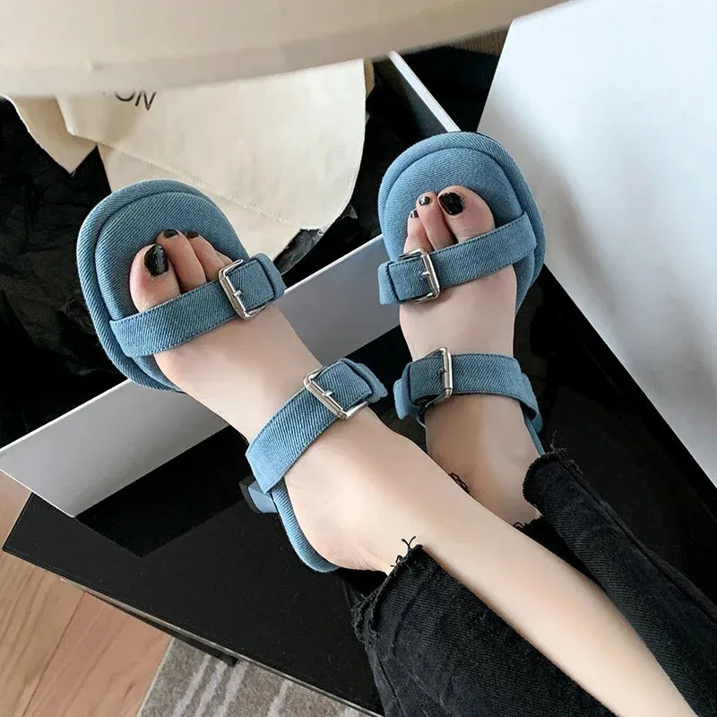 TAVIMART  -  New Blue Denim Jeans Slippers Women Outdoor Mules Mid Heels Fashion Metal Buckle Designer Sandals Square Toe Ladies Slides