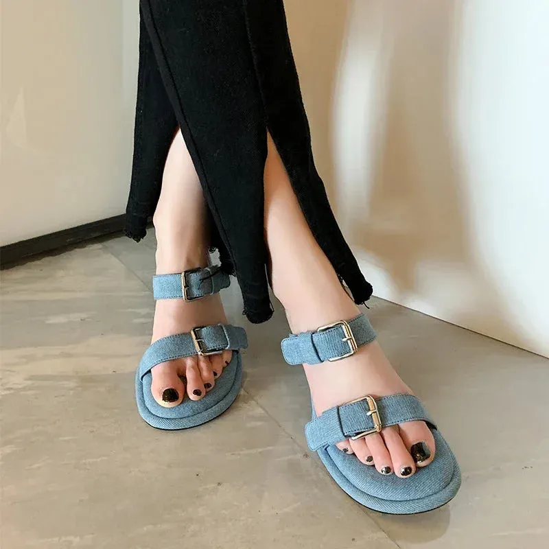 TAVIMART  -  New Blue Denim Jeans Slippers Women Outdoor Mules Mid Heels Fashion Metal Buckle Designer Sandals Square Toe Ladies Slides