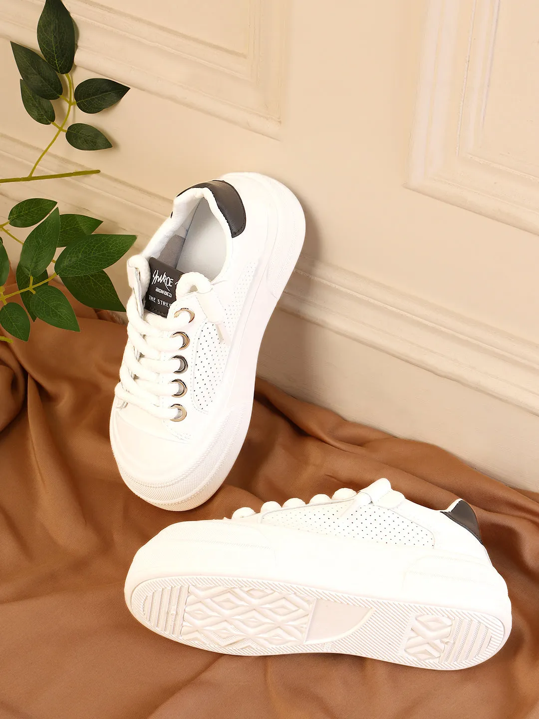 White PU Lace-Up Sneakers (TC-RS3652-WHTBLK)