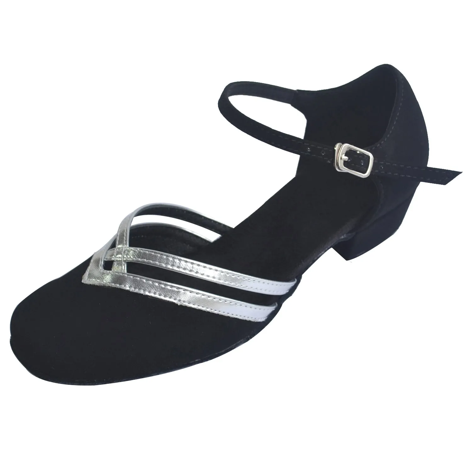 Women Ballroom Dancing Shoes Ladies Tango Latin Practice Dance Shoe Suede Sole Buckle-up Closed-toe Black and Silver