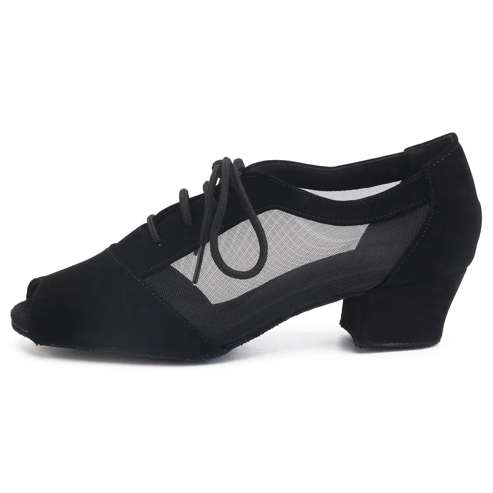 Women Ballroom Dancing Shoes Ladies Tango Latin Practice Dance Shoe Suede Sole Lace-up Peep-toe Black