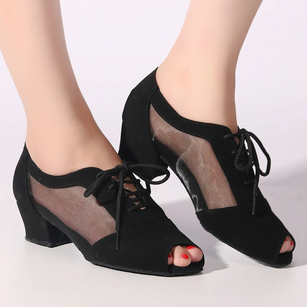 Women Ballroom Dancing Shoes Ladies Tango Latin Practice Dance Shoe Suede Sole Lace-up Peep-toe Black