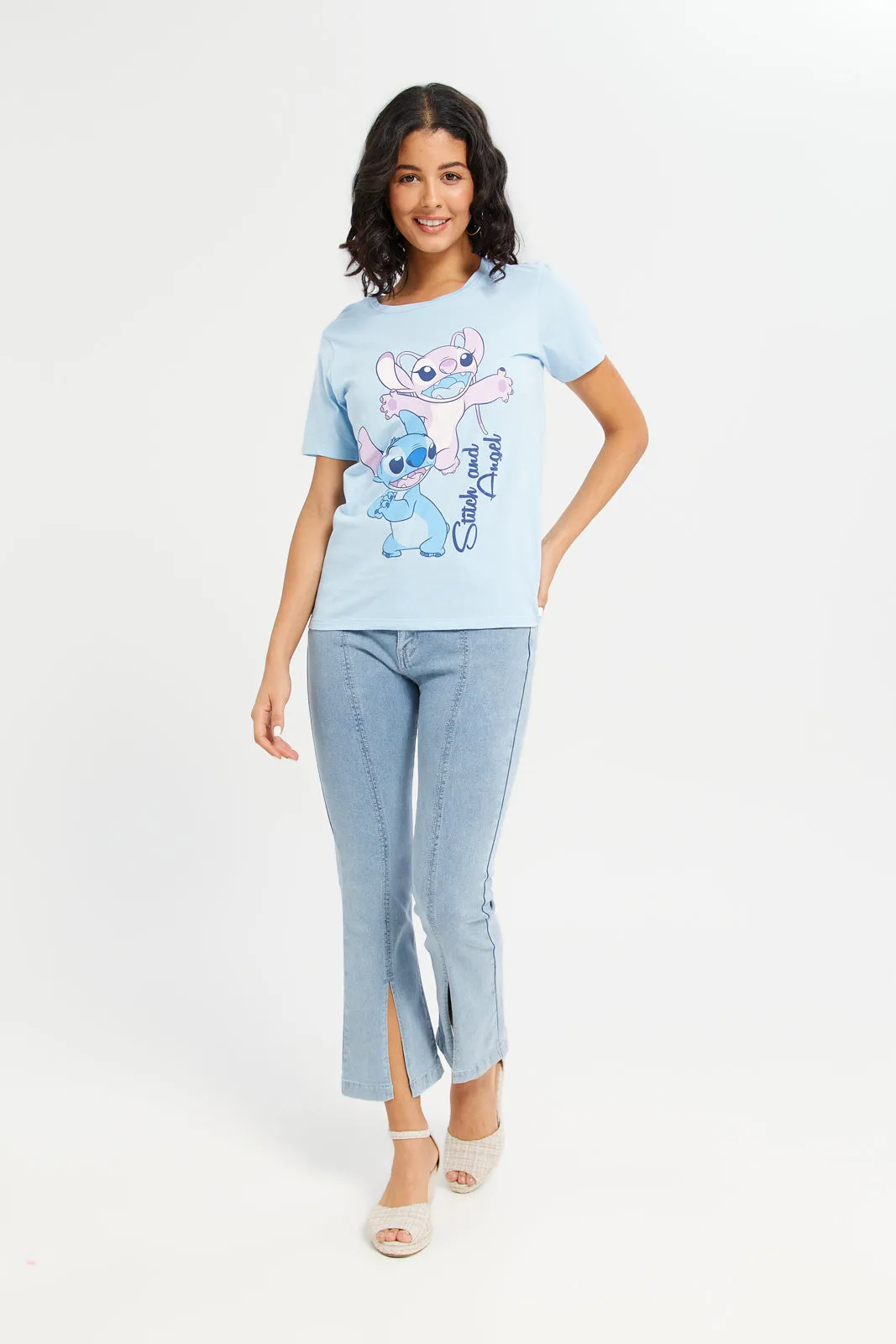 Women Blue Stitch Printed T-Shirt