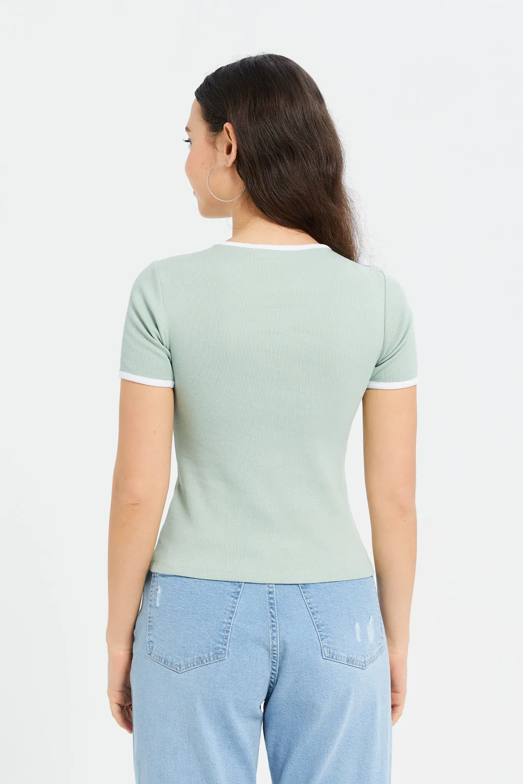 Women Green Printed Rib T-Shirt