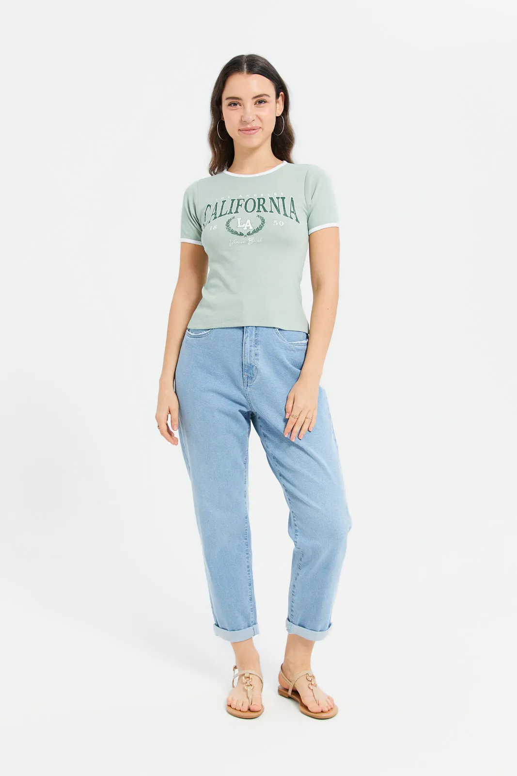 Women Green Printed Rib T-Shirt