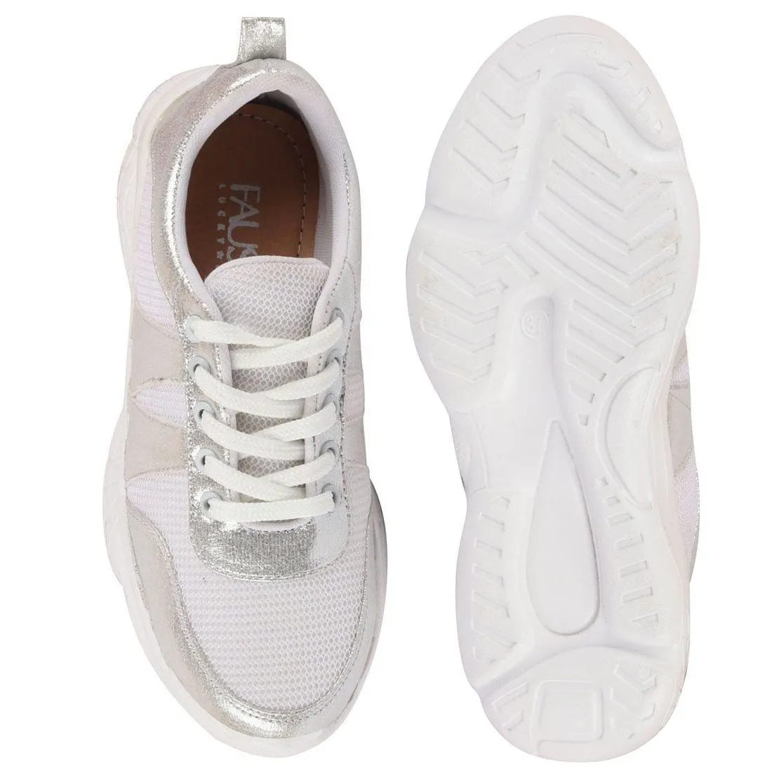 Women White/Silver Lace Up Sneakers