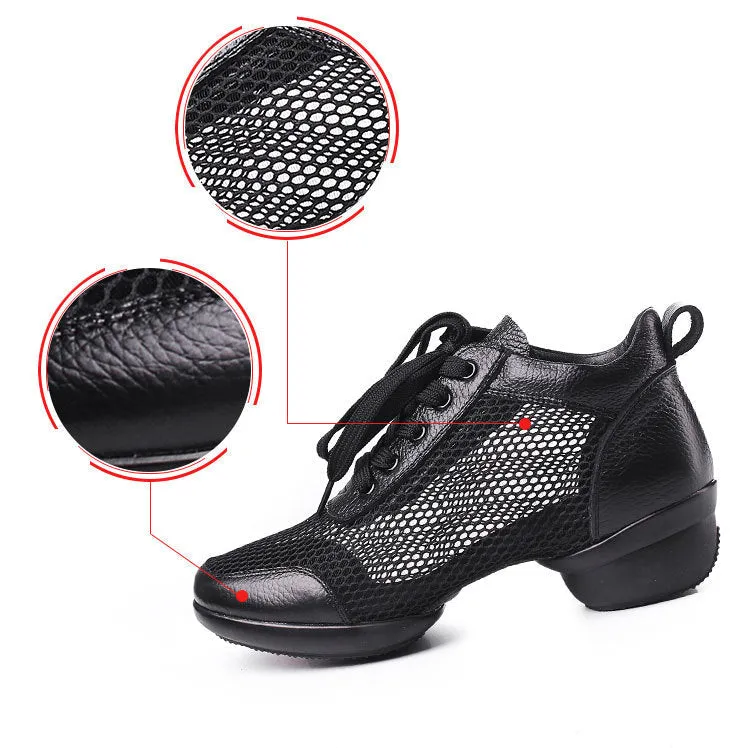 Women's Leather Mesh Lace-up 4cm Heel Dance Sneakers Practice Dance Shoes Jazz Dance