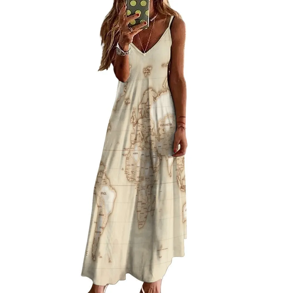 World Map Spaghetti Strap Ankle-Length Dress Long dress